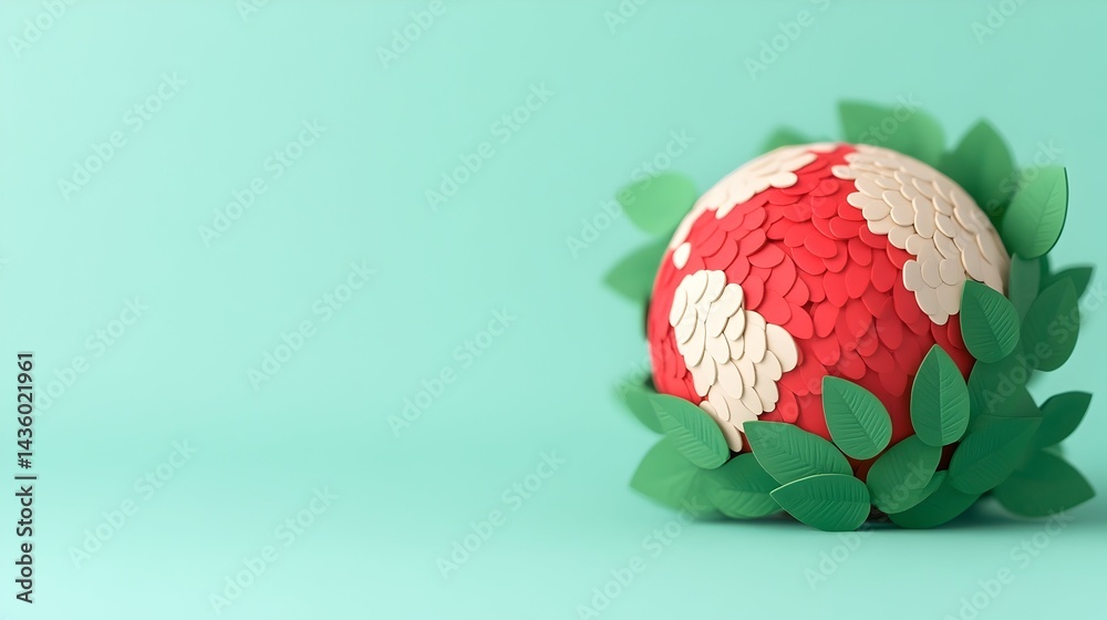 Red and white heart-shaped sphere nestled in green leaves against a mint background Red and white heart-shaped sphere nestled in green leaves against a mint background