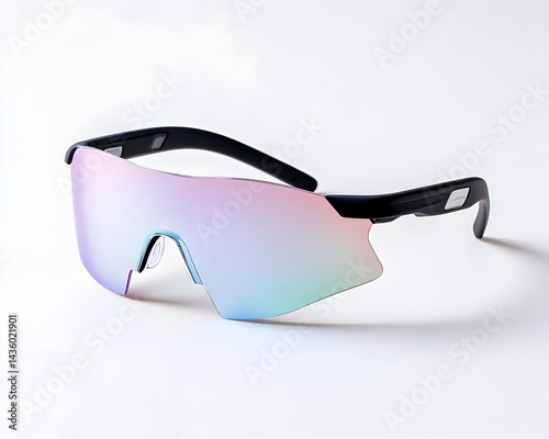 Sleek, wraparound sunglasses with iridescent, mirrored lenses and a black frame