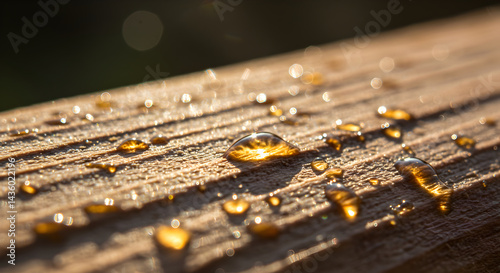 Resin Droplets Gleaming On A Rustic Wooden Surface In The Sunlight