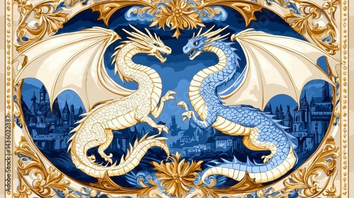 Wallpaper Mural White and Blue Dragons in Ornate Frame, Pixel Art Cityscape Background Torontodigital.ca