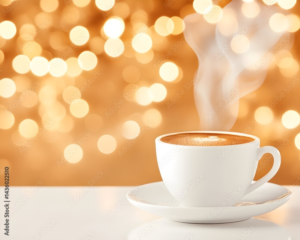 Fototapeta premium Steaming cappuccino with heart design sits on saucer against a warm, blurred, light bokeh background