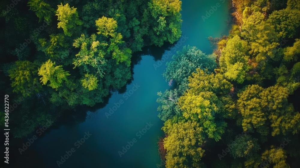 Aerial view of lush green forest surrounding a serene blue lake. Aerial view of lush green forest surrounding a serene blue lake.