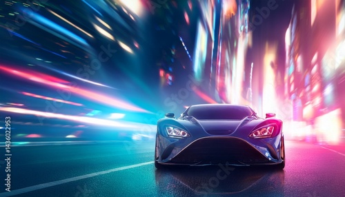 Futuristic Sports Car Night Drive Neon City Lights Speed Blur