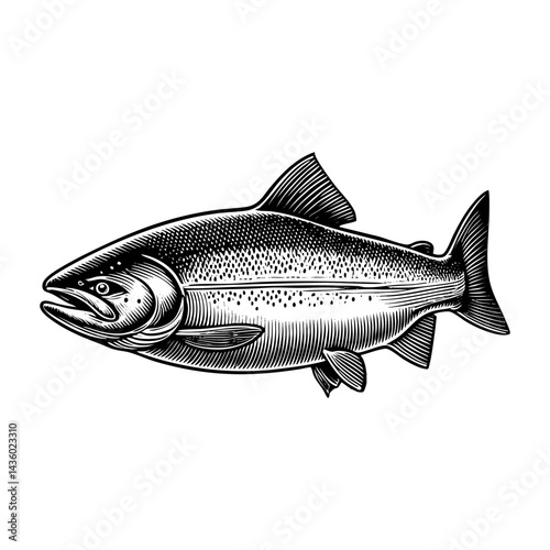 salmon sketch engraving black and white outline. Scratch board imitation.