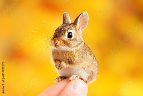 Tiny brown bunny rabbit sits on a finger against a blurred yellow background
