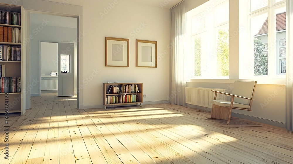 Obraz premium Bright and Spacious Living Room with Wooden Frames and Natural Light