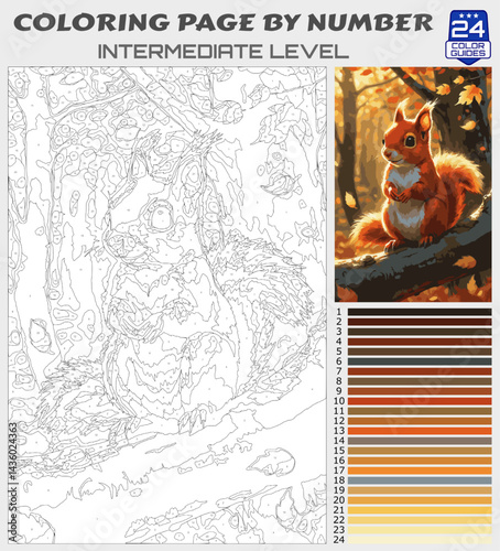 Cute Squirrel in Autumn Forest Coloring Page by Number | Printable Intermediate Wildlife Scene
