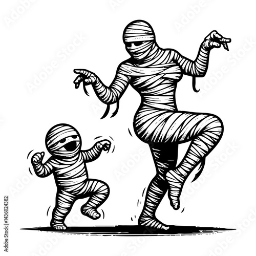Mummy dance sketch engraving black and white outline. Scratch board imitation.
