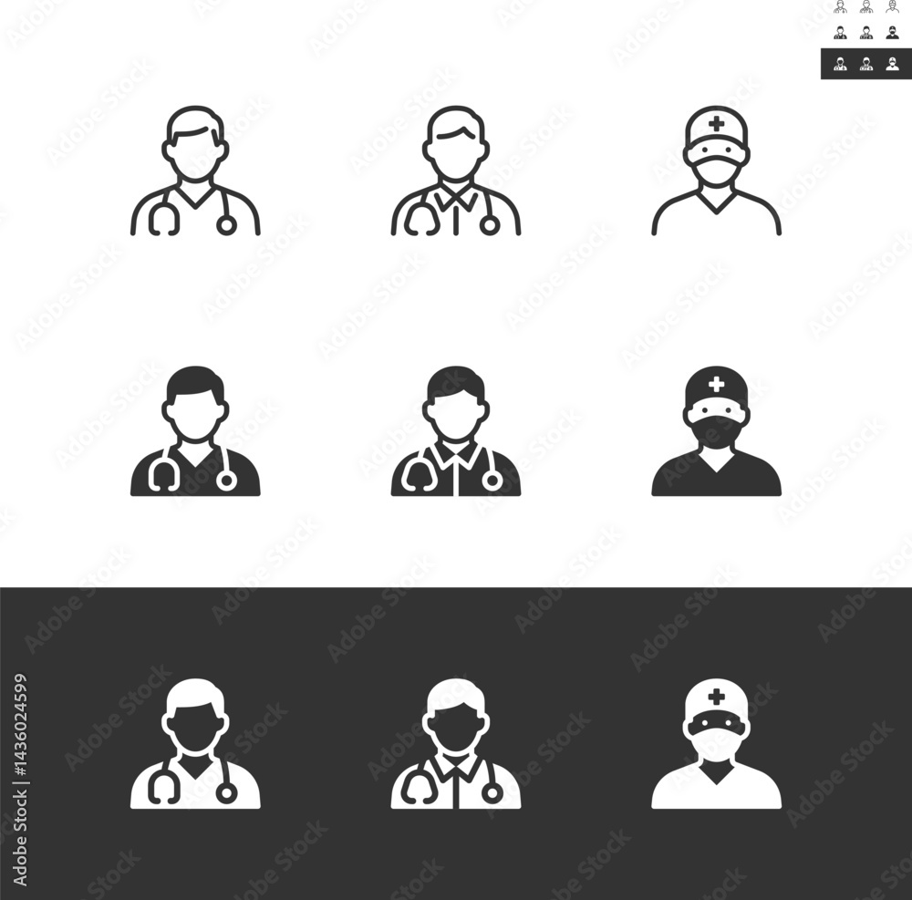 Doctor icon set in outline and solid styles. Separate the objects by a white line, with no cutting path that can be moved for editing the design. Editable stroke. Doctor icon set in outline and solid styles. Separate the objects by a white line, with no cutting path that can be moved for editing the design. Editable stroke.
