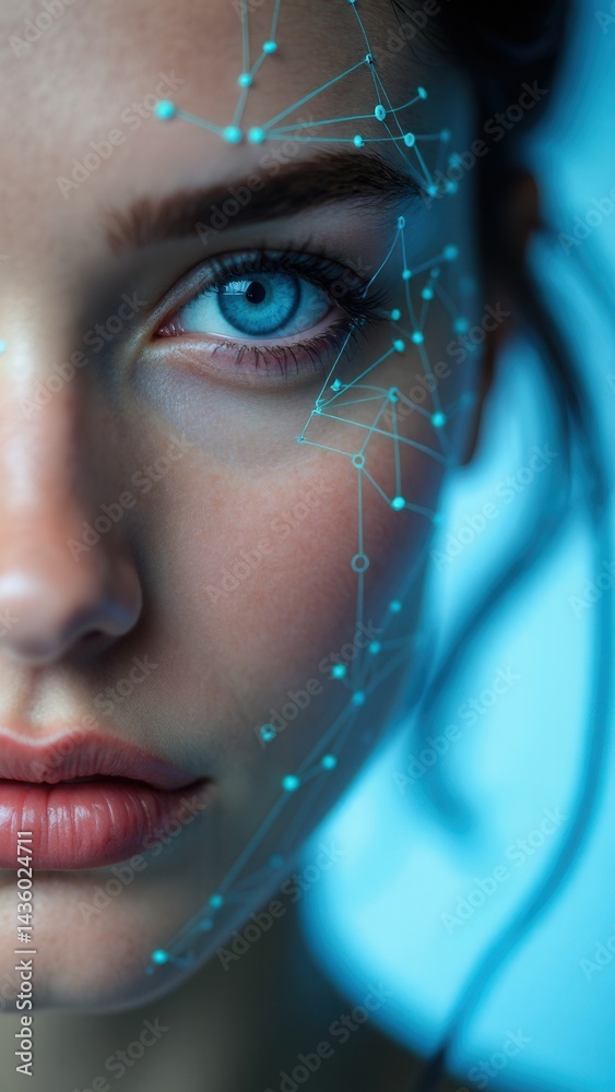 The focus is on a woman with striking blue eyes, her face adorned with a digital overlay that symbolizes the intersection of technology and beauty.
