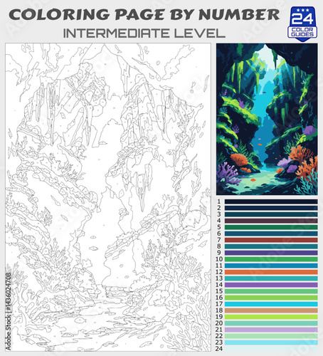 Underwater Coral Reef Coloring Page by Number | Ocean Adventure Scene | Printable Intermediate Level