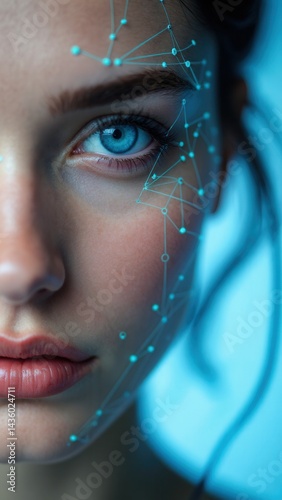 Obraz na płótnie The focus is on a woman with striking blue eyes, her face adorned with a digital overlay that symbolizes the intersection of technology and beauty. w salonie