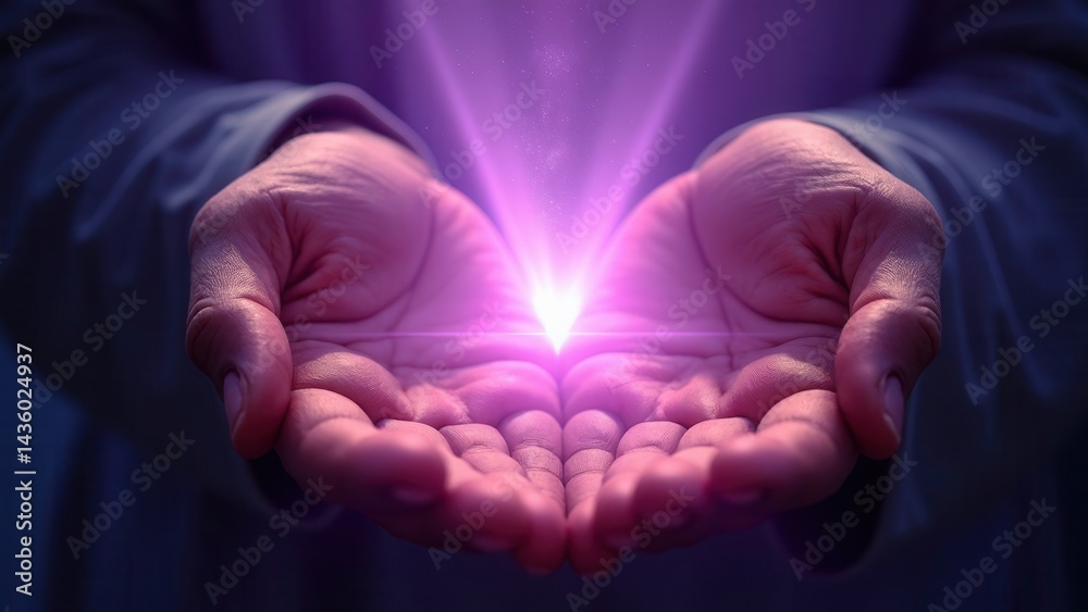 Light through the palms of your hands in ultraviolet, God and religion. Divine light through hand fingers, prophet Muhammad.