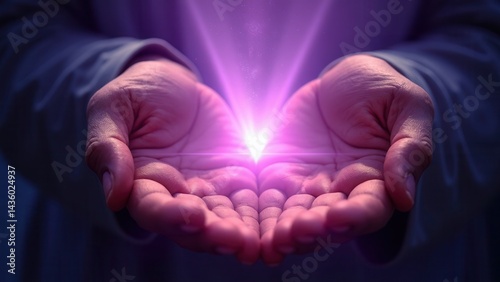 Obraz na płótnie Light through the palms of your hands in ultraviolet, God and religion. Divine light through hand fingers, prophet Muhammad. w salonie