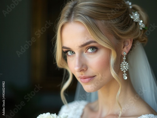 Perfect bride with jewels, a portrait of a girl in a long white dress. Beautiful hair and clean delicate skin. Wedding hairstyle blonde woman. Girl with a white flower in her hands.