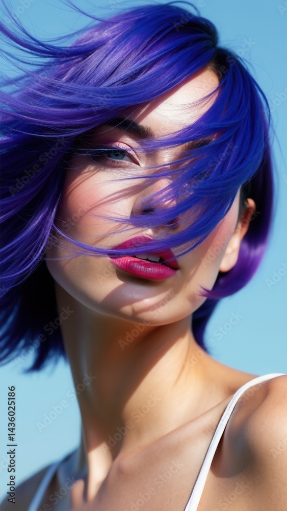 Portrait of a woman with bright colored flying hair, all shades of blue purple. Hair coloring, beautiful lips and makeup. Hair fluttering in the wind. Sexy girl with short hair. P.