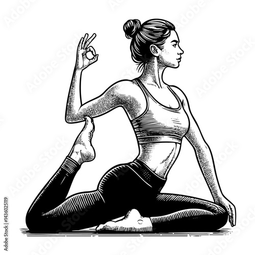 Woman yoga sketch engraving black and white outline. Scratch board imitation. illustrated in vintage line art style on a white background.