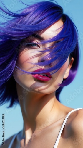 Portrait of a woman with bright colored flying hair, all shades of blue purple. Hair coloring, beautiful lips and makeup. Hair fluttering in the wind. Sexy girl with short hair. P.