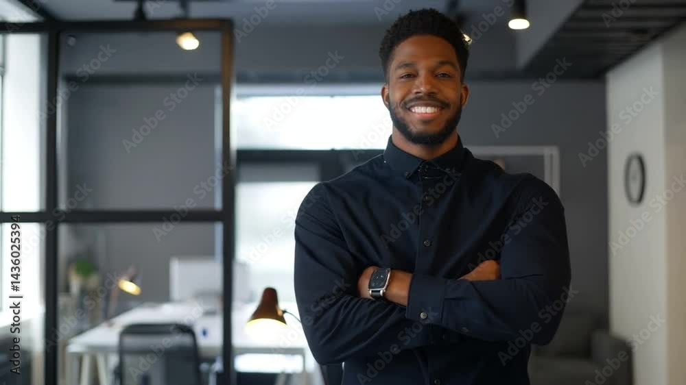 young handsome black man with crossed arms looking at camera elegant clotes in a office