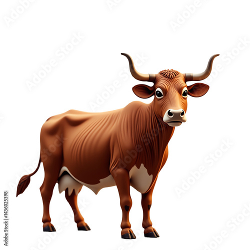 cow on white background,Realistic brown cow standing with curved horns, Eid ul-Adha themed, minimalist Islamic background, perfect for elegant festive designs, invitations, and digital posters.