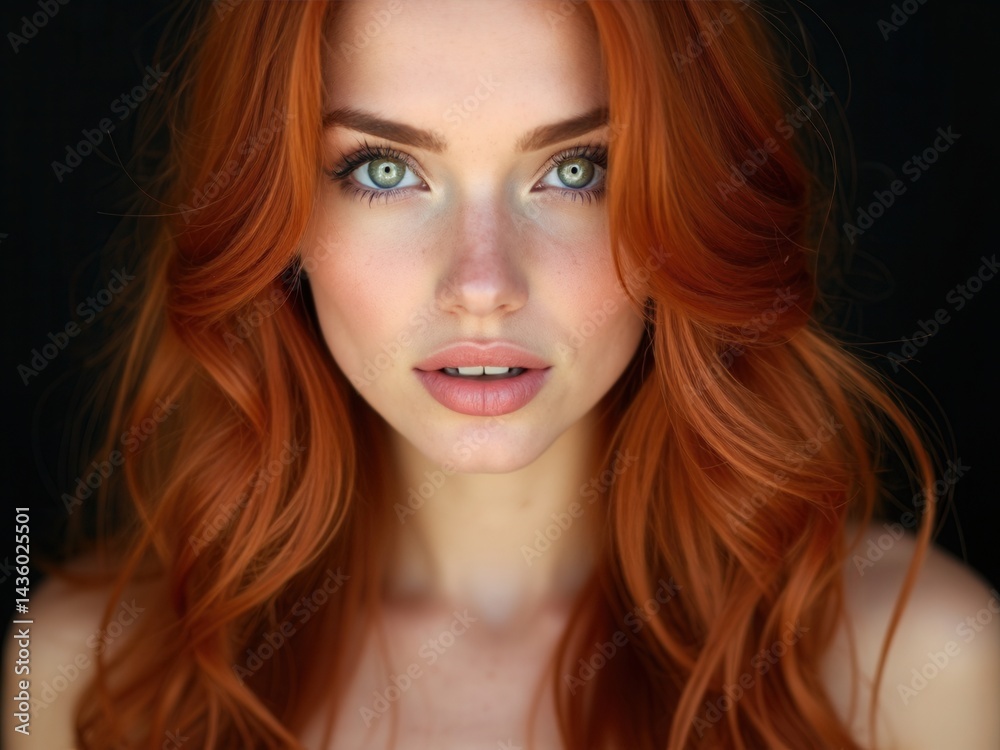 Sexy beautiful redhead girl with long hair. Perfect woman portrait on black background. Gorgeous hair and deep eyes. Natural beauty, clean skin, facial care and hair. Strong and th.