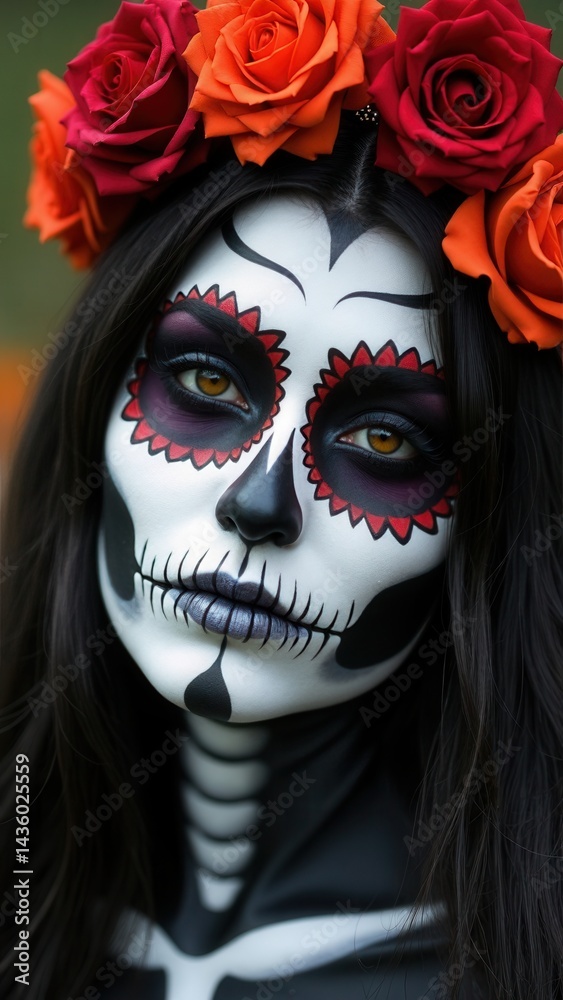 Halloween beauty portrait of a skeleton woman of death, the makeup on the face. Girl death Halloween costume. Day of The Dead. Charming and dangerous Calavera Catrina.