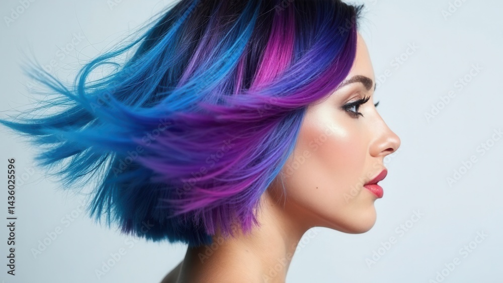 Portrait woman with bright colored flying hair, all shades of purple blue. Hair coloring, beautiful lips and makeup. Hair fluttering in the wind. Sexy girl with short hair. Profes.