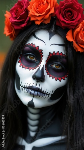 Obraz na płótnie Halloween beauty portrait of a skeleton woman of death, the makeup on the face. Girl death Halloween costume. Day of The Dead. Charming and dangerous Calavera Catrina. w salonie