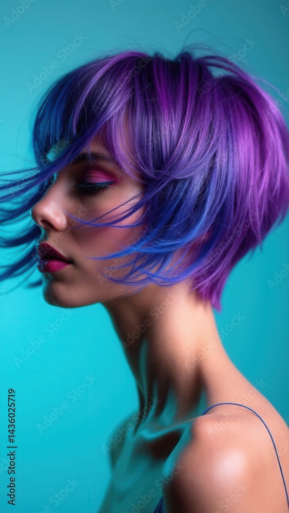 Portrait woman with bright colored flying hair, all shades of purple blue. Hair coloring, beautiful lips and makeup. Hair fluttering in the wind. Sexy girl with short hair. Profes.