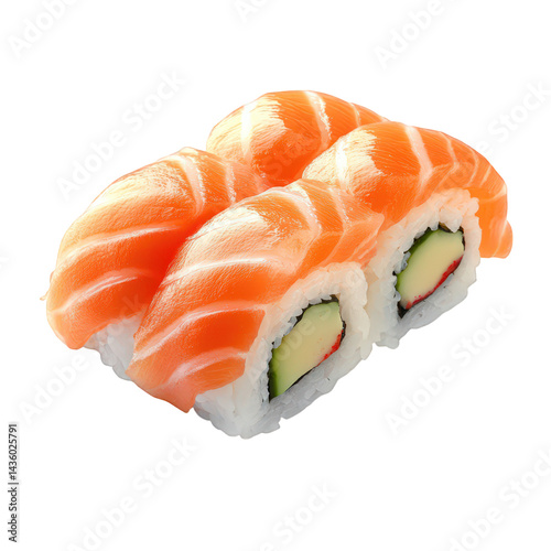 close-up of sushi. showcasing two pieces of salmon nigiri placed on top of a roll containing cucumber and imitation crab the vibrant orange of the salmon contrasts with the white rice and green fillin photo