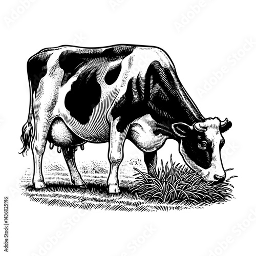 Dairy cow sketch engraving black and white outline. Scratch board imitation.  illustrated in vintage line art style on a white background.