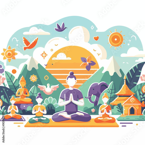 international, woman, world, exercise, yoga, pose, health, fitness, people, day, relaxation, position, meditation, body, relax, flexibility, training, poster, illustration, vector, workout, female, sp