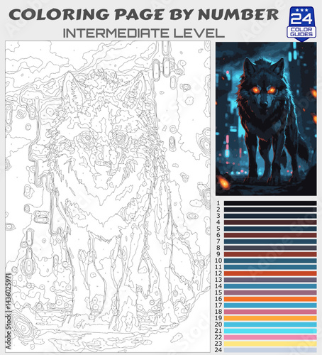 Cyberpunk Wolf Coloring Page by Number | Futuristic Night Scene | Printable Intermediate Level