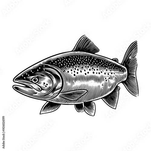 salmon sketch engraving black and white outline. Scratch board imitation.