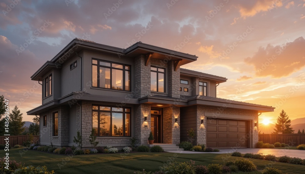Modern Two-Story House Design Stone & Wood Architectural Marvel at Sunset Modern Two-Story House Design Stone & Wood Architectural Marvel at Sunset