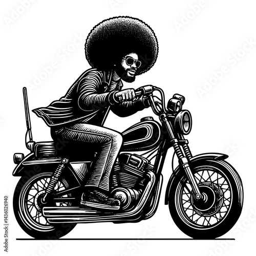 African man riding motorbike sketch engraving black and white outline. Scratch board imitation.  illustrated in vintage line art style on a white background.