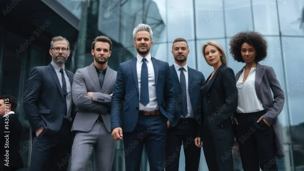 Image of Business Professionals: A group of sharply dressed individuals, embodying confidence and ambition, stand before a modern glass building, showcasing teamwork and business prowess. Image of Business Professionals: A group of sharply dressed individuals, embodying confidence and ambition, stand before a modern glass building, showcasing teamwork and business prowess.