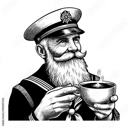 sailor holding cup of coffee  sketch engraving black and white outline. Scratch board imitation.