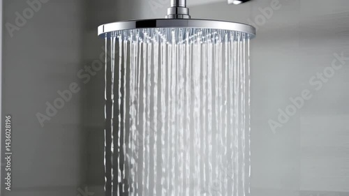 A high-angle close-up view of a modern chrome shower head with water cascading down in a vertical pattern.