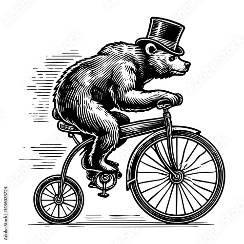 Bear riding bicycle sketch engraving black and white outline. Scratch board imitation.  illustrated in vintage line art style on a white background.