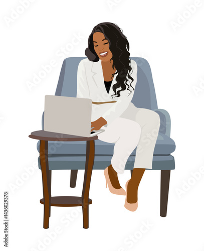 Business woman work at home in comfortable conditions. Beautiful black girl wearing white suit sitting on sofa with laptop. Freelance online job or blogging. Remote work concept. Cartoon style vector.