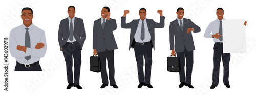 Set of Businessman character in different poses. Handsome man wearing formal suit standing, using phone and headset, holding briefcase, looking at wristwatch. Vector realistic illustration isolated.