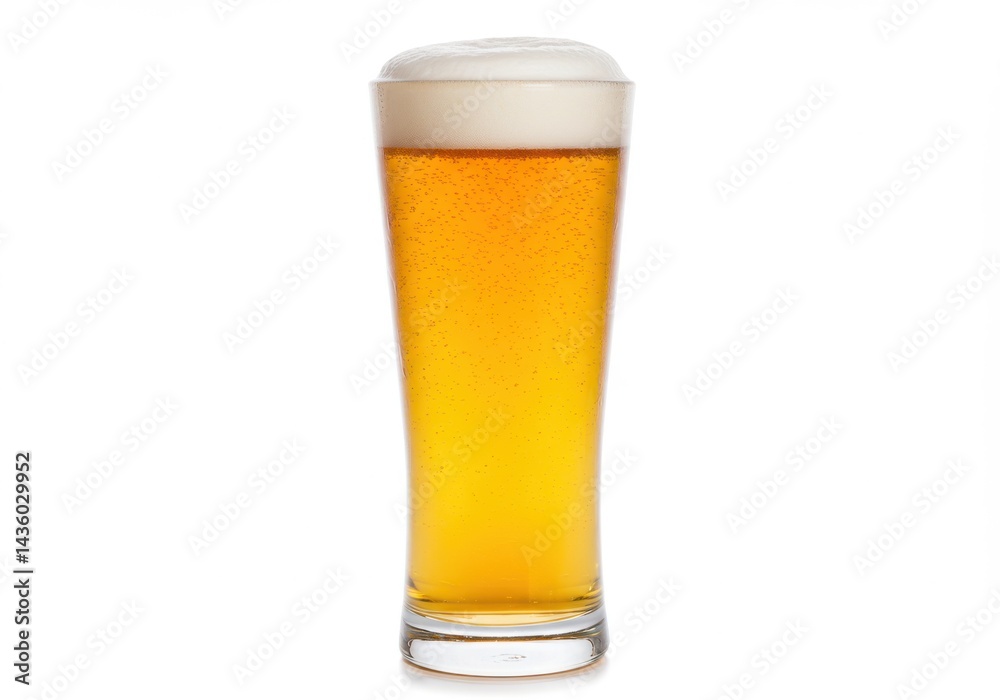 Refreshing lager beer in tall glass with foam head on white background Refreshing lager beer in tall glass with foam head on white background