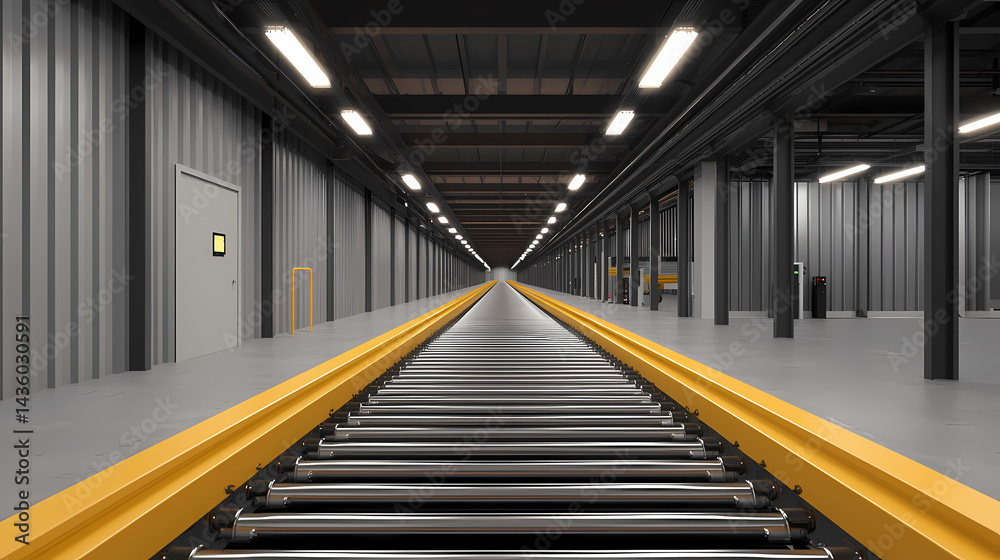 Fototapeta premium A modern warehouse interior featuring a long conveyor belt and illuminated metal structure, emphasizing industry and efficiency.