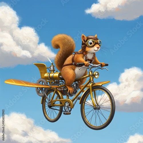 Illustration of a squirrel riding a flying bike, blue sky background