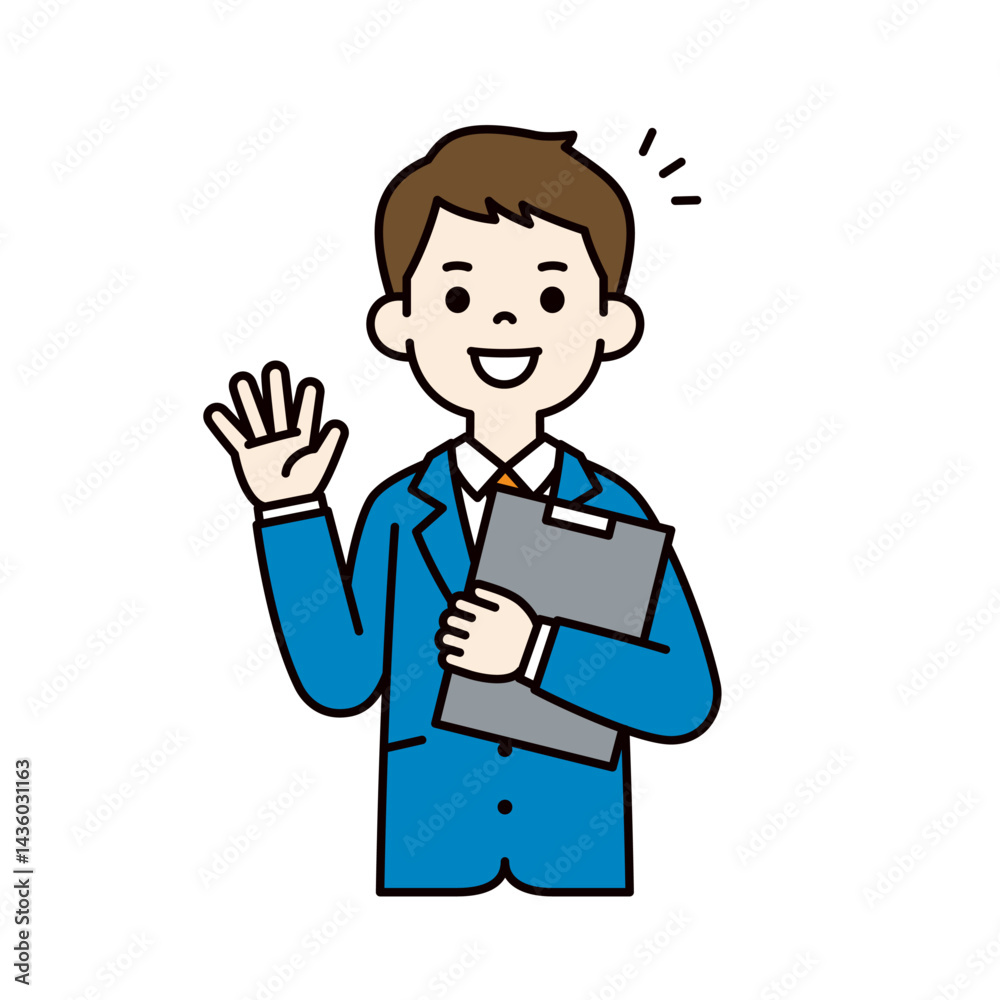 資料を片手に説明する、スーツを着た若い男性のベクターイラスト素材_線幅の編集可能_カラー 資料を片手に説明する、スーツを着た若い男性のベクターイラスト素材_線幅の編集可能_カラー