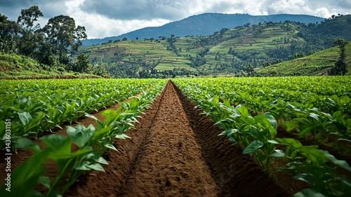 Aerial View of Beautiful Green Tea Plantation on the Hillside Scenery