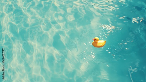 Beautiful, offbeat close-up of a rubber duck floating in glassy ocean, pastel-toned advertising photo