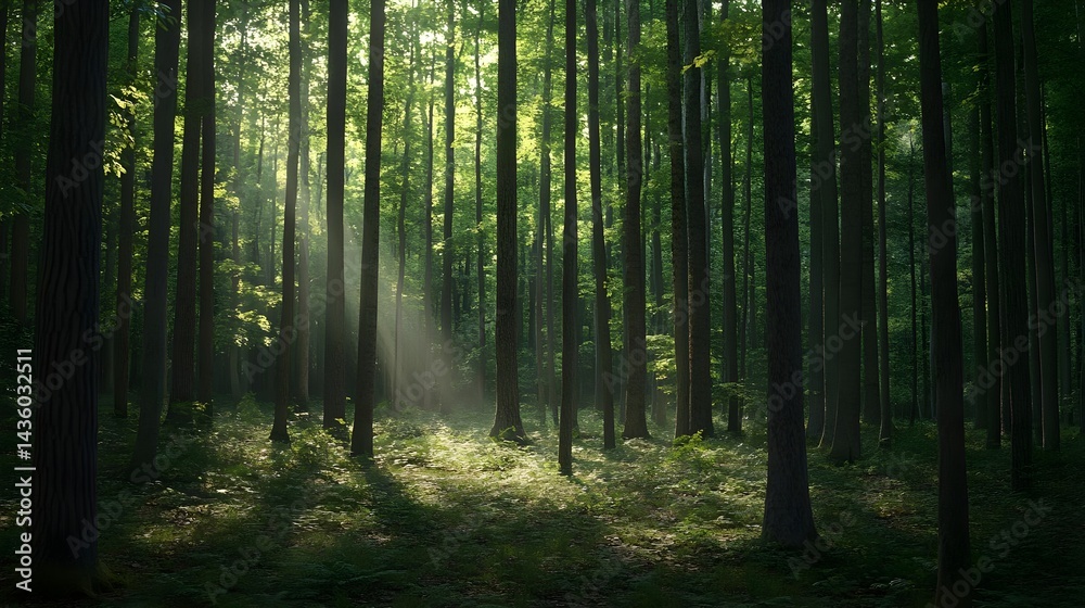 Obraz premium Lush Green Forest with Sunlight Streaming Through Tall Trees