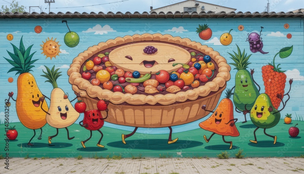Obraz premium Whimsical Fruit Mural A Giant Pie and Dancing Produce Street Art